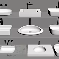 Different Shapes Of Modern Ceramic Bathroom Washbasins Displayed On Shelves With Black Faucets