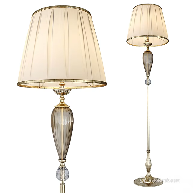 Elegant Classic Floor Lamp With Pleated Cream Shade And Glass Base Accents 3d model 