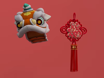 Traditional Chinese Lion Dance Head And Red Knot Decoration On Red Background 3d model