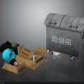 Building Side Area With Wheeled Gray Trash Bin And Scattered Cardboard Boxes