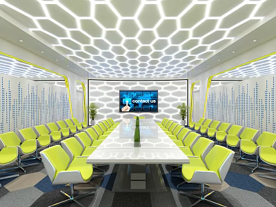 Modern Conference Room With Honeycomb Ceiling Yellow Chairs And Large Display Screen 3d model