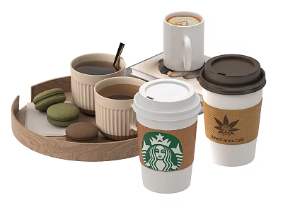 Starbucks Coffee Cups With Lids And Ceramic Mugs On Wooden Tray With Macarons 3d model