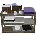 Bathroom Accessories Organized On Wooden Shelf With Towels Toiletries And Flowers