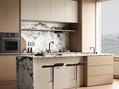 Modern Kitchen Bar Counter With Marble Countertop Wooden Cabinets And Black Stools 3d model
