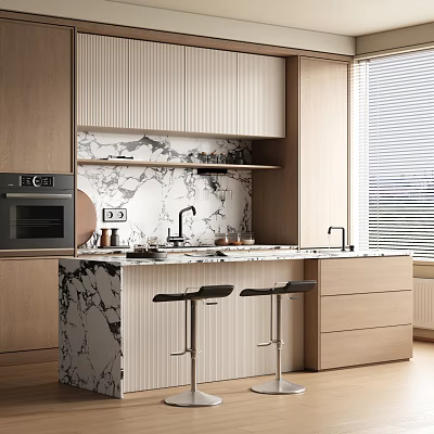 Modern Kitchen Bar Counter With Marble Countertop Wooden Cabinets And Black Stools 3d model