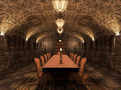 Stone Vaulted Dining Room With Long Wooden Table Chandeliers And Stone Walls 3d model