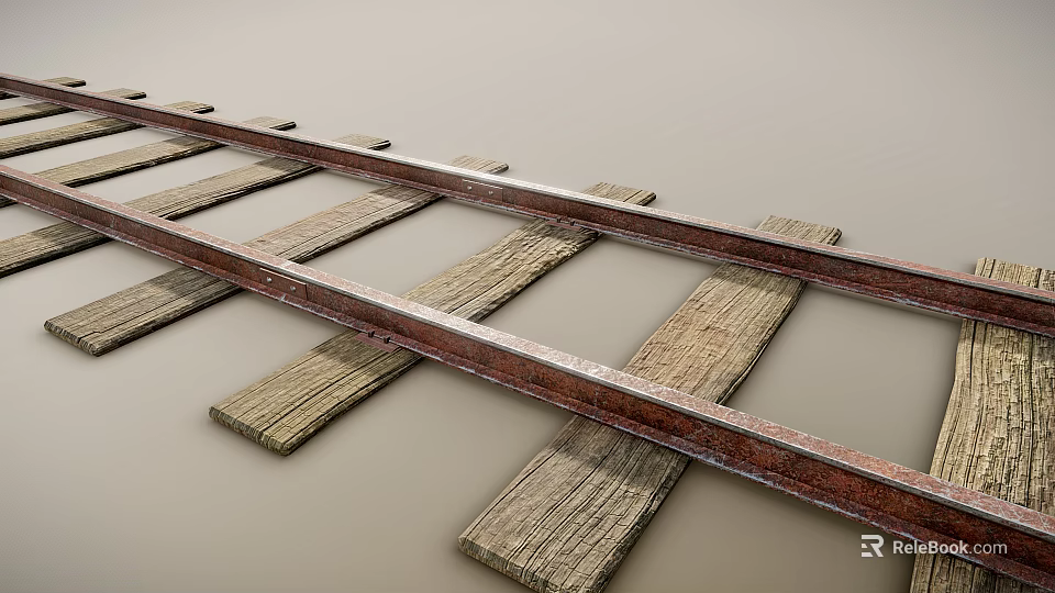 Train Traveling On Rusty Rail Tracks With Wooden Sleepers And Metal Rails 3d model 