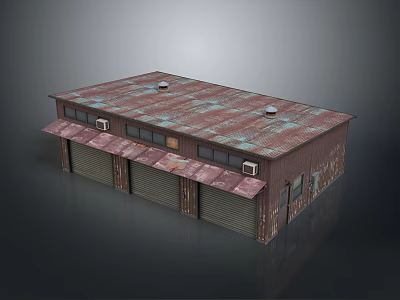 Rusted Metal Roof Brick Warehouse Building With Roll Up Doors Awnings And Industrial Windows 3d model