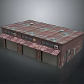 Rusted Metal Roof Brick Warehouse Building With Roll Up Doors Awnings And Industrial Windows
