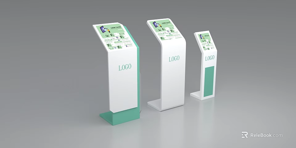 Vertical Display Stands Featuring White and Green Design with Screen and Logo 3d model 