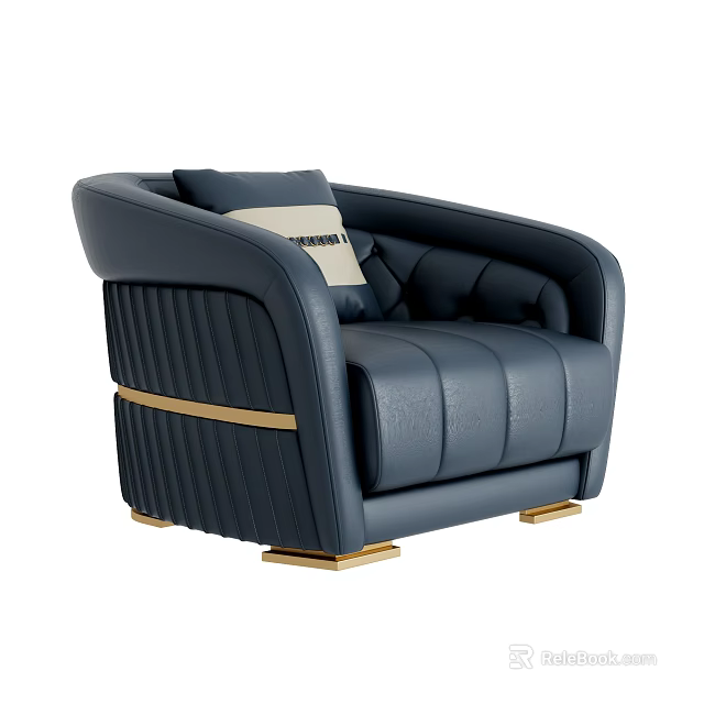 Navy Blue Leather Double Sofa With Curved Armrest And Golden Trim Cushions 3d model 