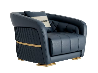 Navy Blue Leather Double Sofa With Curved Armrest And Golden Trim Cushions 3d model