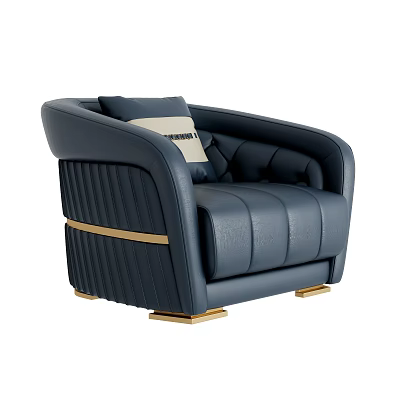 Navy Blue Leather Double Sofa With Curved Armrest And Golden Trim Cushions 3d model