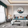 Elegant Modern Bedroom Interior Design With Round Wall Art And Green Curtains