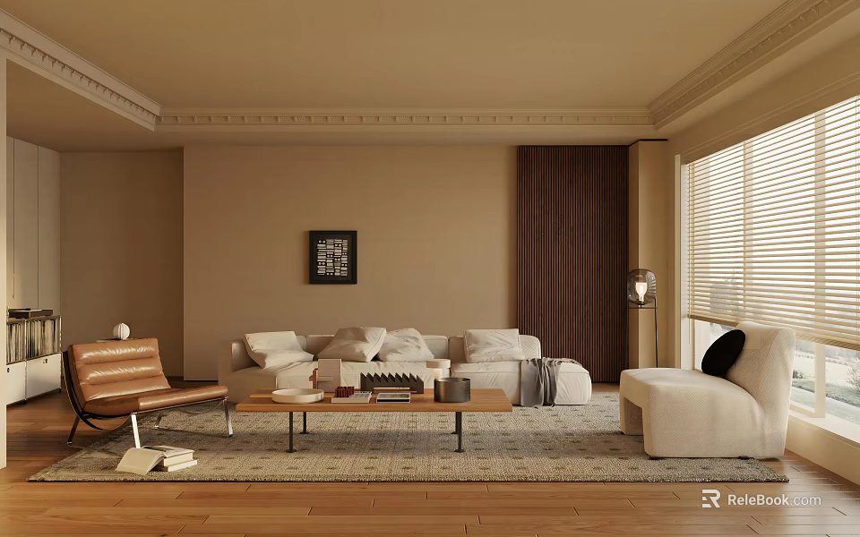 Modern Living Room Interior Design With Beige Sofa Wooden Floor And Window Blinds 3d model 