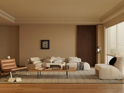 Modern Living Room Interior Design With Beige Sofa Wooden Floor And Window Blinds 3d model