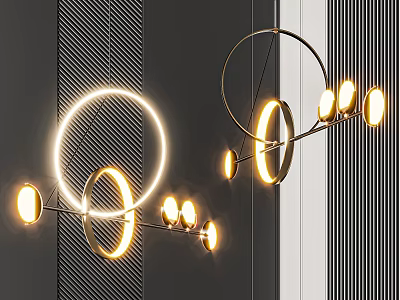 Elegant Modern Chandelier Design With Circular Metallic Rings Glowing Illuminated Striped Wall 3d model