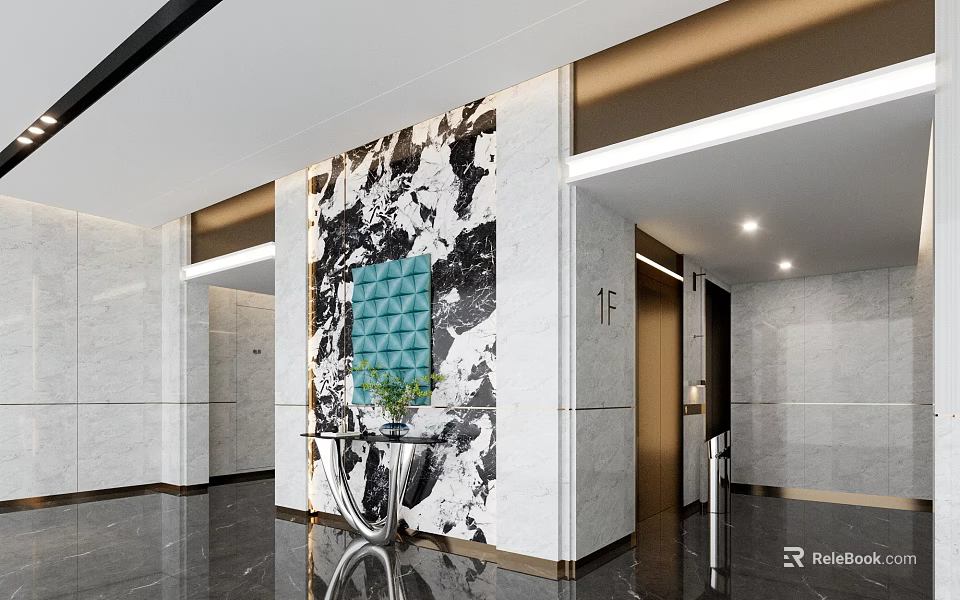 Modern Elevator Lobby Design With Marble Walls Decorative Panel And Recessed Lighting 3d model