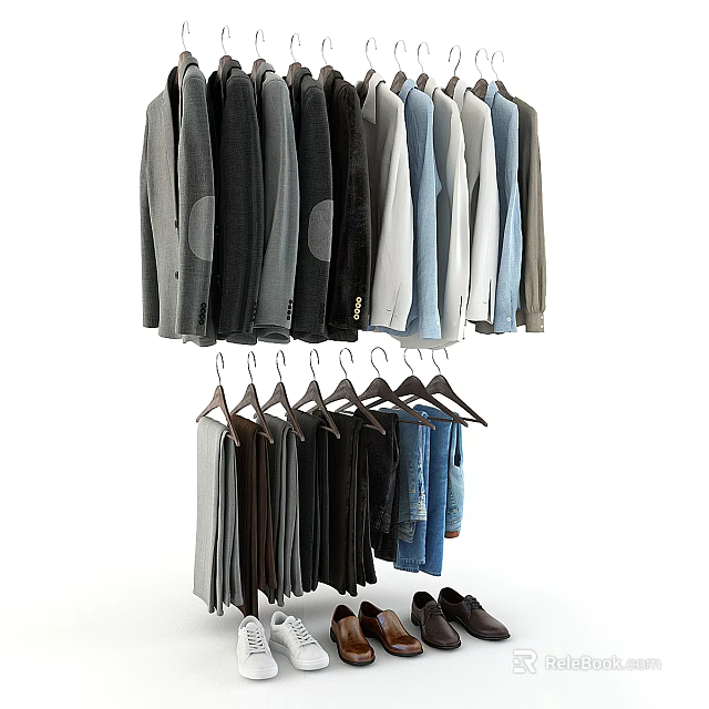 Hanging Clothes On Hangers With Various Styles Including Shirts Pants And Jackets 3d model 