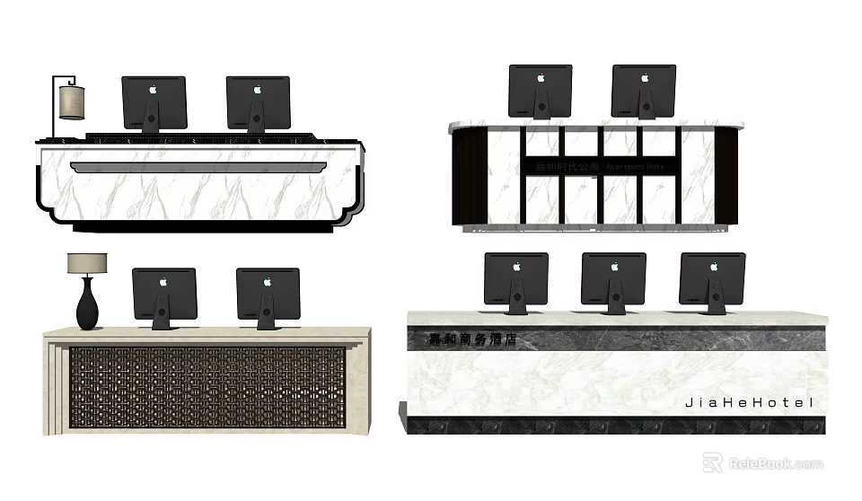 Sleek Modern Reception Desk Designs With Marble Countertop Multiple Monitors And Cabinets 3d model 