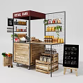 Commercial Outdoor Retail Stall With Wooden Structure Metal Grid Shelves Jars Plants And Coffee Menu