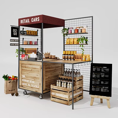 Commercial Outdoor Retail Stall With Wooden Structure Metal Grid Shelves Jars Plants And Coffee Menu 3d model
