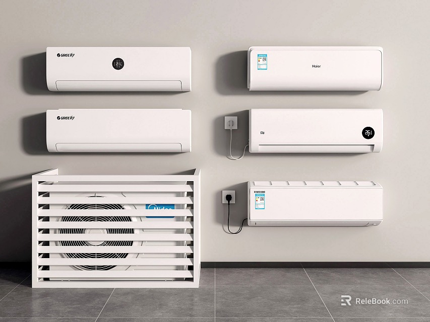 White Wall Mounted Air Conditioners and Standing Fan for Indoor Home Cooling Solutions 3d model 