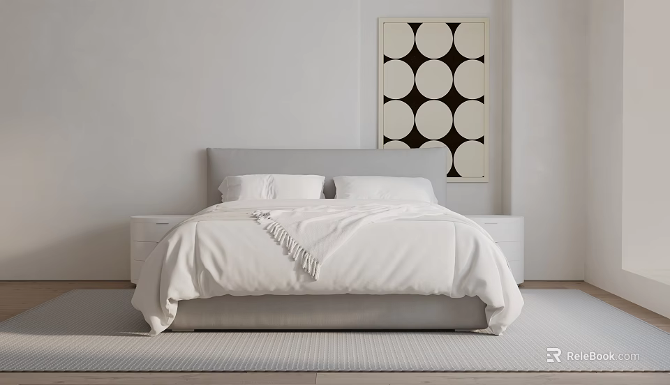 Minimalist Double Bed With White Bedding Gray Headboard Bedside Tables And Wall Art 3d model 