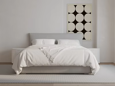 Minimalist Double Bed With White Bedding Gray Headboard Bedside Tables And Wall Art 3d model