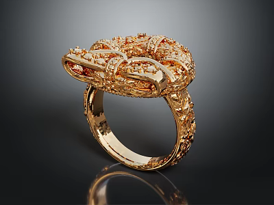 Elegant Gold Ring With Intricate Filigree Design And Red Gemstone Accents 3d model