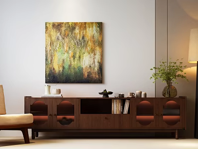 Wooden TV Stand With Red Accents And Abstract Painting Above With Vase Books And Decorations 3d model