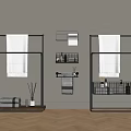 Modern Bathroom Setup With Metal Towel Racks Storage Shelves And Toiletries