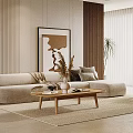 Modern Beige Sofa And Wooden Coffee Table Set With Dried Flowers Wall Art And Plant