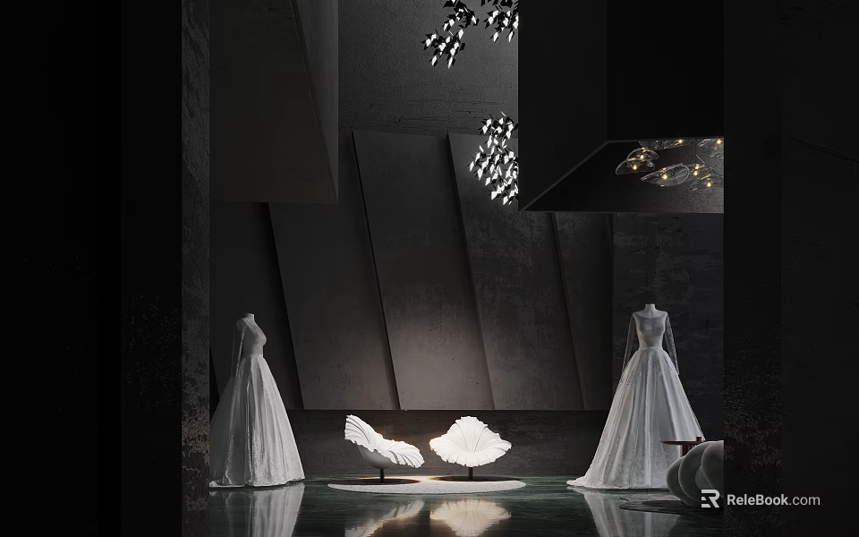 Elegant Artistic Scene With White Gowns Chair Geometric Walls Chandeliers And Dark Background 3d model 