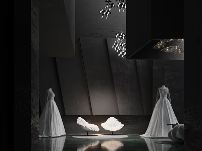 Elegant Artistic Scene With White Gowns Chair Geometric Walls Chandeliers And Dark Background 3d model
