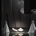 Elegant Artistic Scene With White Gowns Chair Geometric Walls Chandeliers And Dark Background