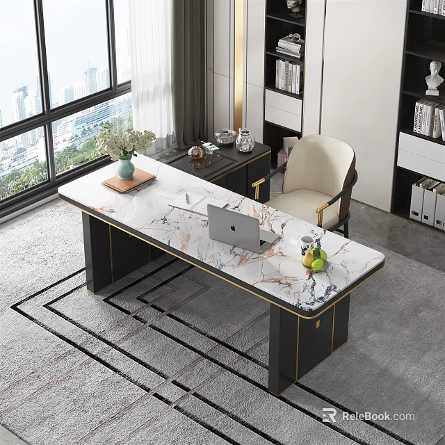 Modern Office Desk with Marble Top Laptop Green Plant Chair and City View Window 3d model 