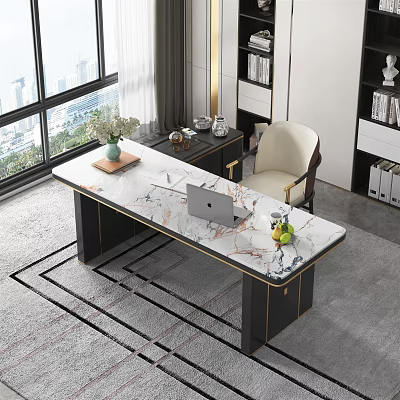 Modern Office Desk with Marble Top Laptop Green Plant Chair and City View Window 3d model