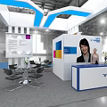 FLEXSPACE Coworking Exhibition Booth with Blue White Design Display Screens People Photos and Interacting