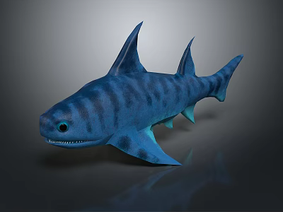 Blue Striped Shark 3D Model with Sharp Fins on Black Background and Reflection 3d model