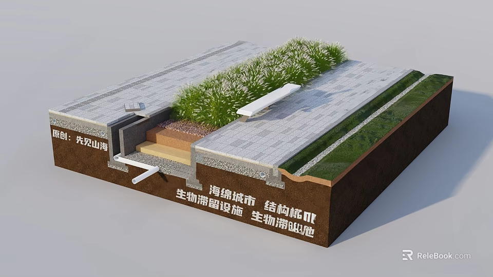 Road Infrastructure With Biological Retention Facilities Grassed Swales Ecological Side Ditches And Structural Base 3d model 