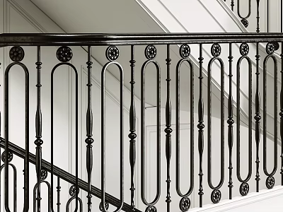 Modern Interior Staircase With Black Decorative Metal Balusters And Circular Motif Railings 3d model
