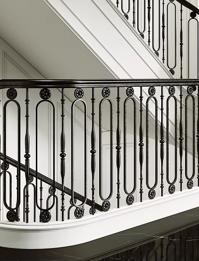 Modern Interior Staircase With Black Decorative Metal Balusters And Circular Motif Railings 3d model