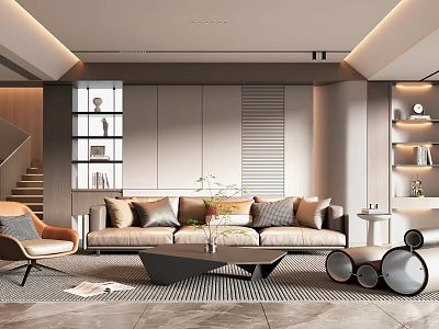 Modern Living Room Interior With Beige Sofa Gray Pillows And Coffee Table 3d model