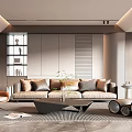 Modern Living Room Interior With Beige Sofa Gray Pillows And Coffee Table