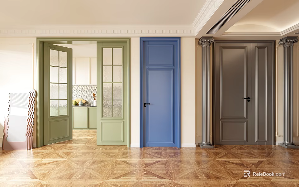 Various Colored Hinged Doors In Modern Interior With Wooden Floor Design 3d model 