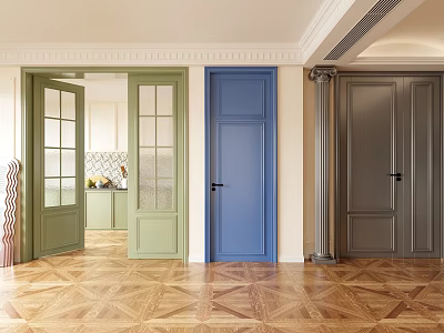 Various Colored Hinged Doors In Modern Interior With Wooden Floor Design 3d model