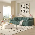 Green Tufted Two Seater Sofa With White Round Coffee Table And Geometric Rug