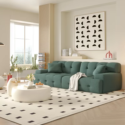 Green Tufted Two Seater Sofa With White Round Coffee Table And Geometric Rug 3d model