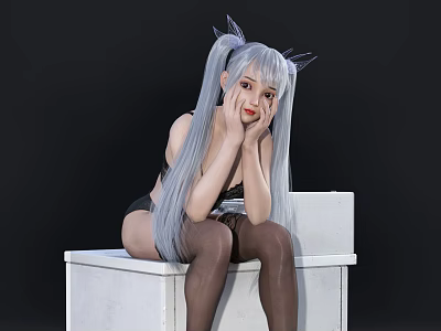 Woman With Silver Gray Long Hair And Pigtails In Black Lingerie Sitting On White Cube 3d model
